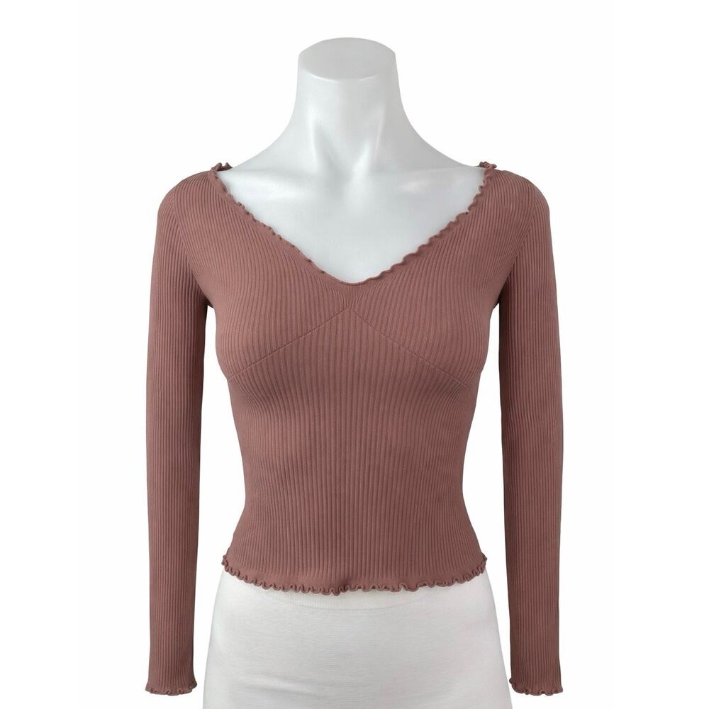 Free People FP Movement Nude Pink Lettuce Rib Knit Long Sleeve Crop Top Sz XS/S